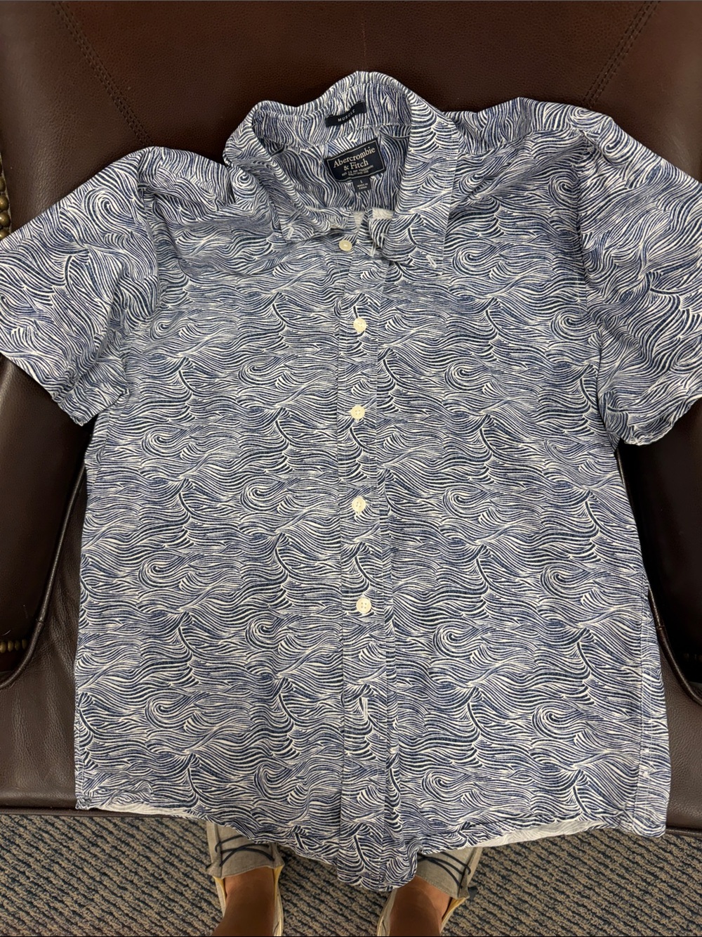 Abercrombie & Fitch Navy and White Wave-Print Kids Button-Down Shirt